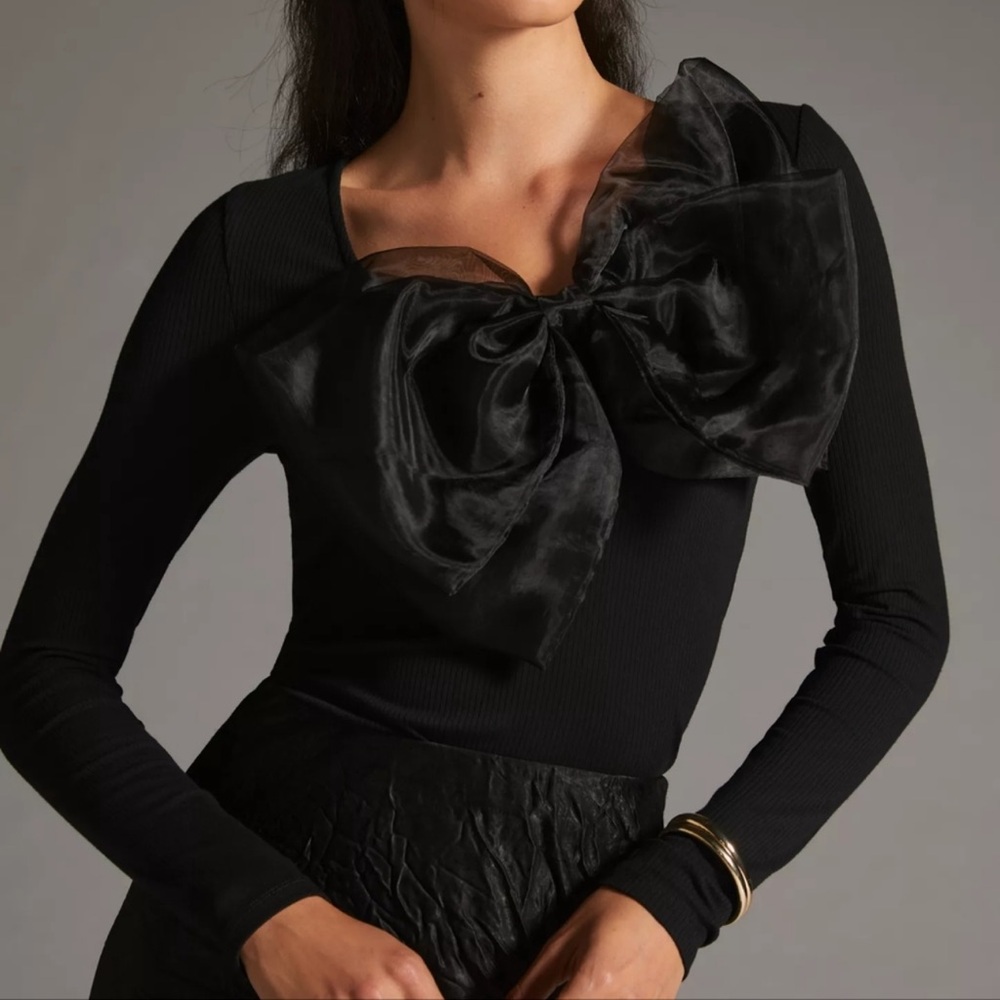 Anthropologie Sunday in Brooklyn Black Ribbed Bow Top Women’s Size Medium